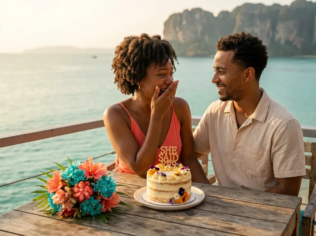 Couple during a celebration cake dessert she said yes flowers elegant in Phuket