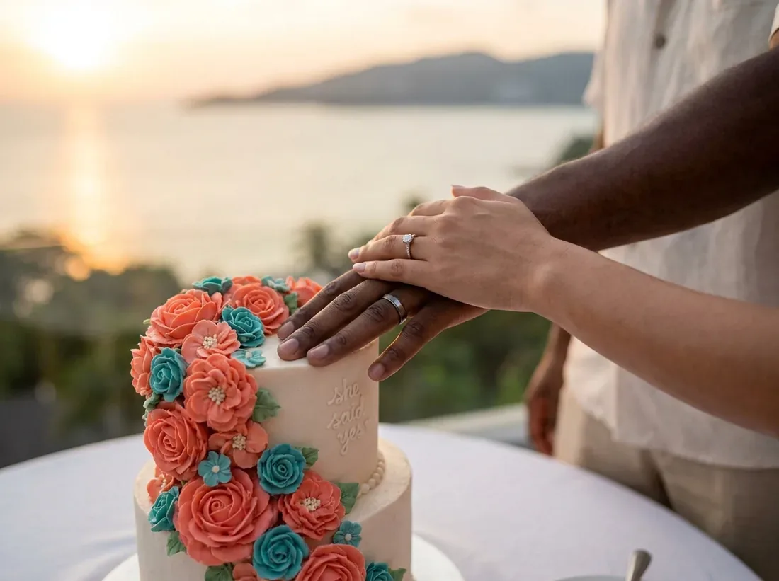 Close-up detail of a celebration cake dessert she said yes flowers elegant in Phuket