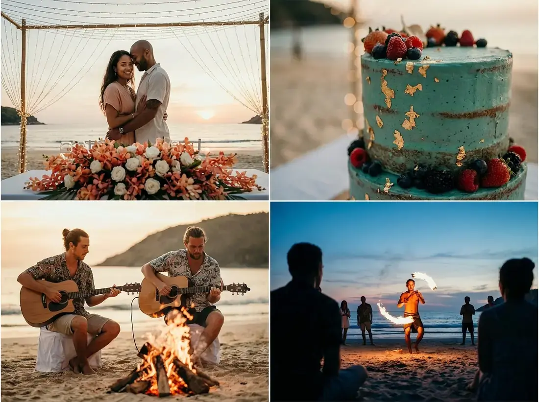 Candle-lit setup for a proposal add ons flowers cake musicians fire show collage in Phuket