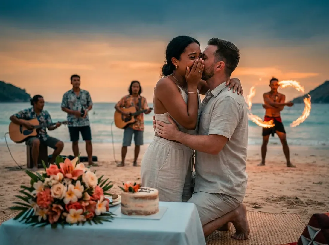Couple during a proposal add ons flowers cake musicians fire show collage in Phuket