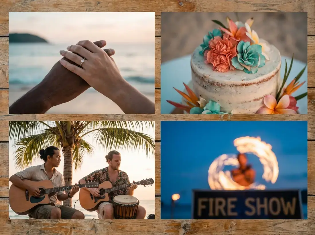 Close-up detail of a proposal add ons flowers cake musicians fire show collage in Phuket