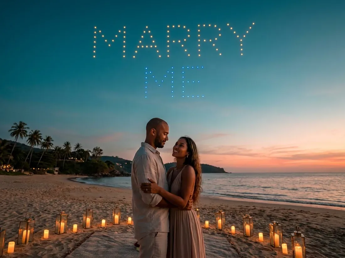 Candle-lit setup for a drone light show marry me night sky couple beach in Phuket