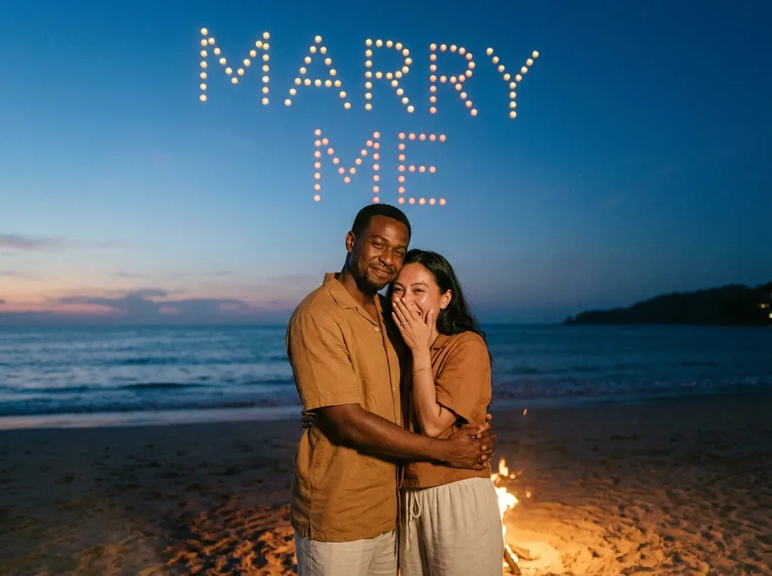 Couple during a drone light show marry me night sky couple beach in Phuket