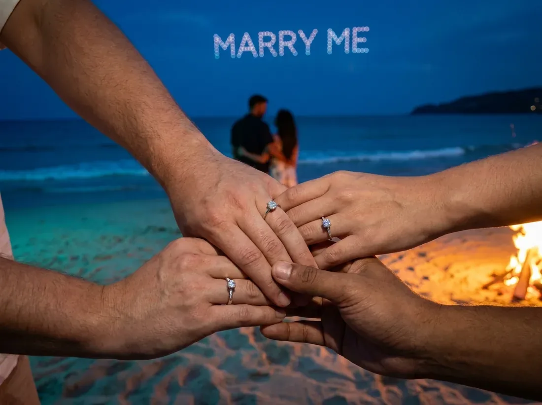 Close-up detail of a drone light show marry me night sky couple beach in Phuket