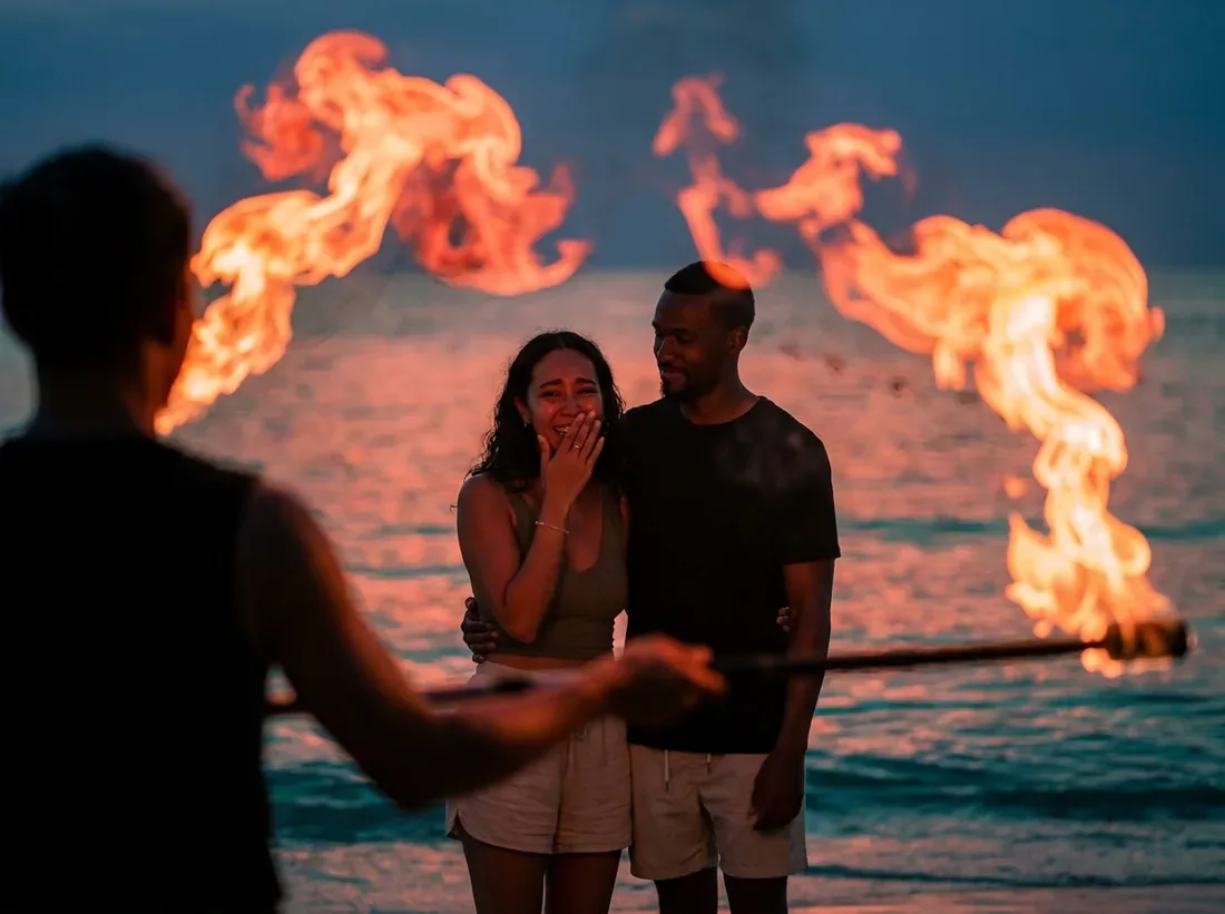 Couple during a beach fire show performers night flames couple silhouette in Phuket