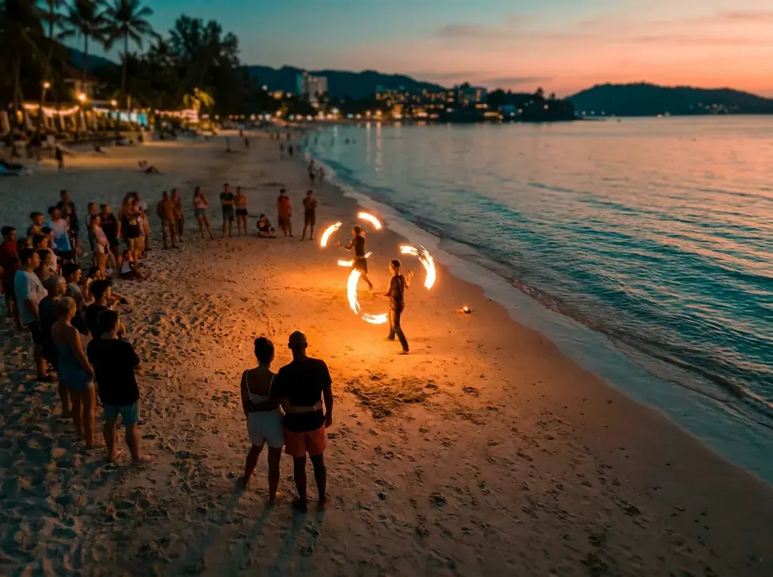 Aerial view of Patong, Phuket, Thailand for a beach fire show performers night flames couple silhouette