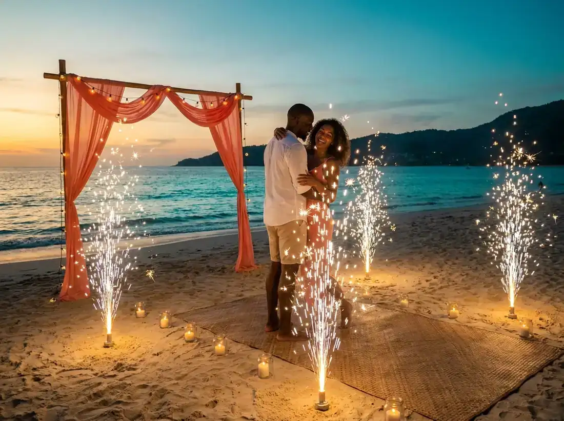 Candle-lit setup for a cold sparklers fountain proposal night couple celebration in Phuket