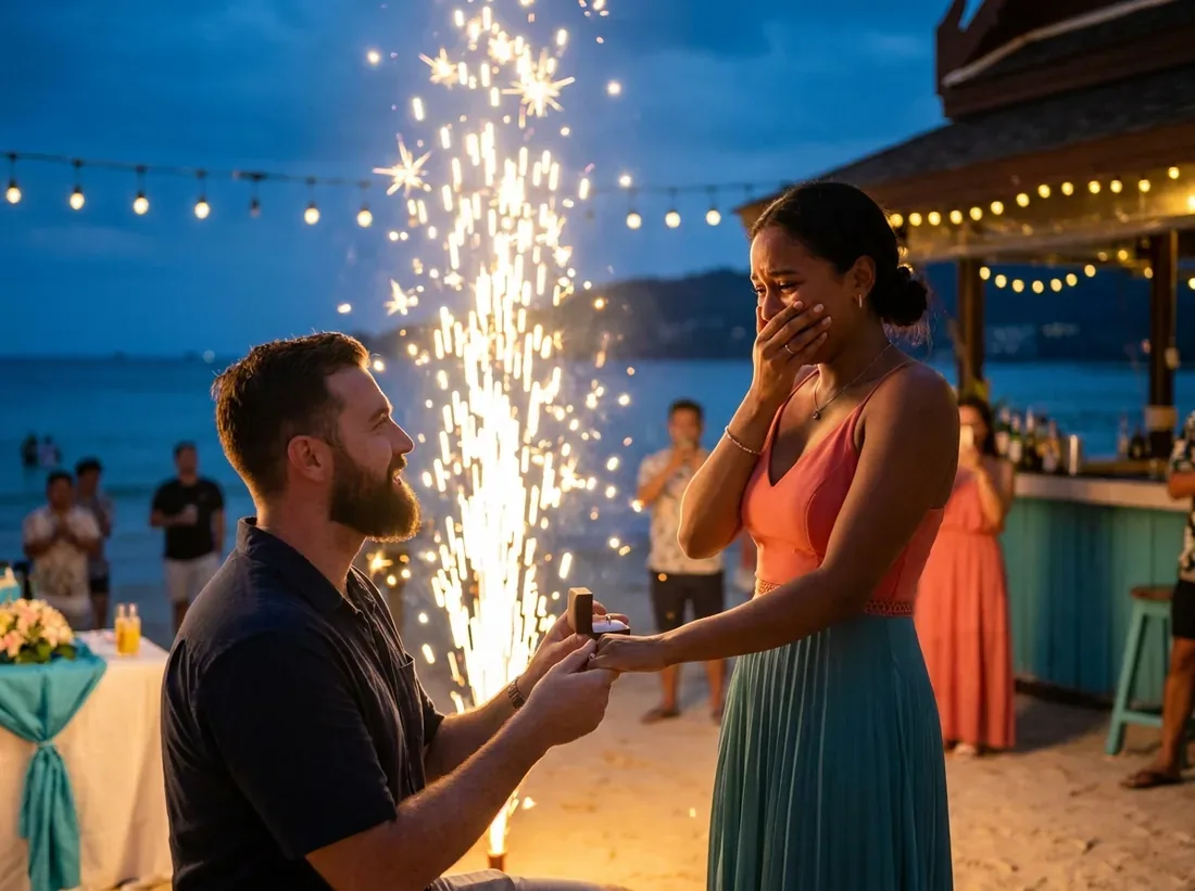 Couple during a cold sparklers fountain proposal night couple celebration in Phuket