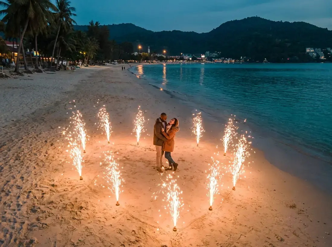 Aerial view of Patong, Phuket, Thailand for a cold sparklers fountain proposal night couple celebration