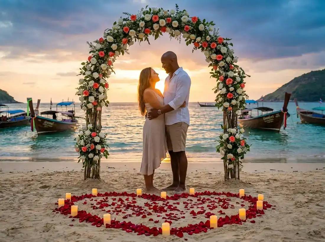 Candle-lit setup for a rose petal heart flowers arch beach proposal setup in Phuket