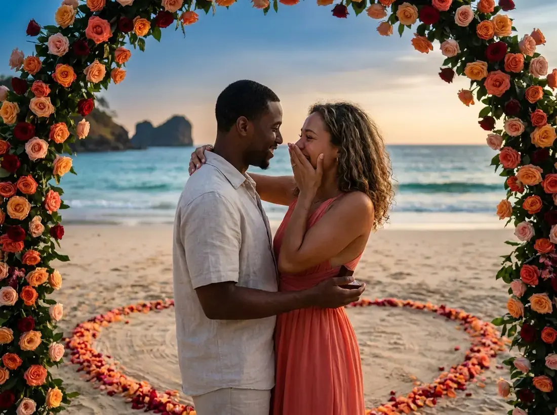 Couple during a rose petal heart flowers arch beach proposal setup in Phuket