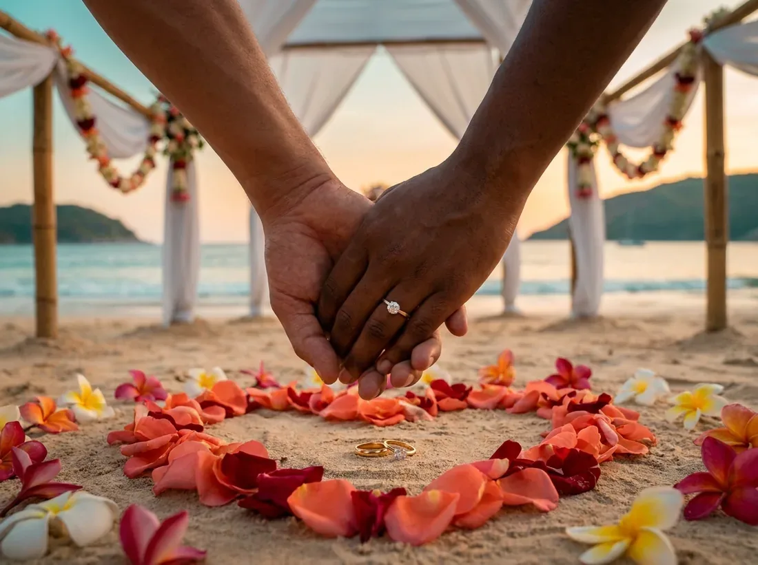 Close-up detail of a rose petal heart flowers arch beach proposal setup in Phuket
