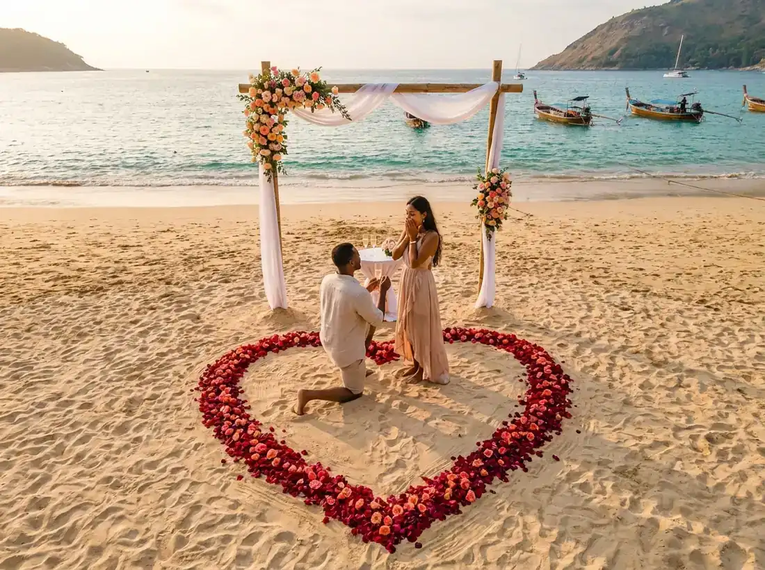 Aerial view of Nai Harn Beach, Phuket, Thailand for a rose petal heart flowers arch beach proposal setup