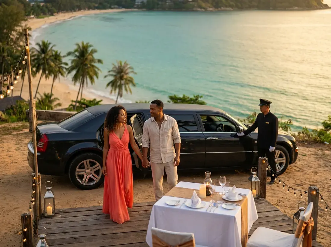 Candle-lit setup for a luxury limousine chauffeur arrival couple evening phuket in Phuket