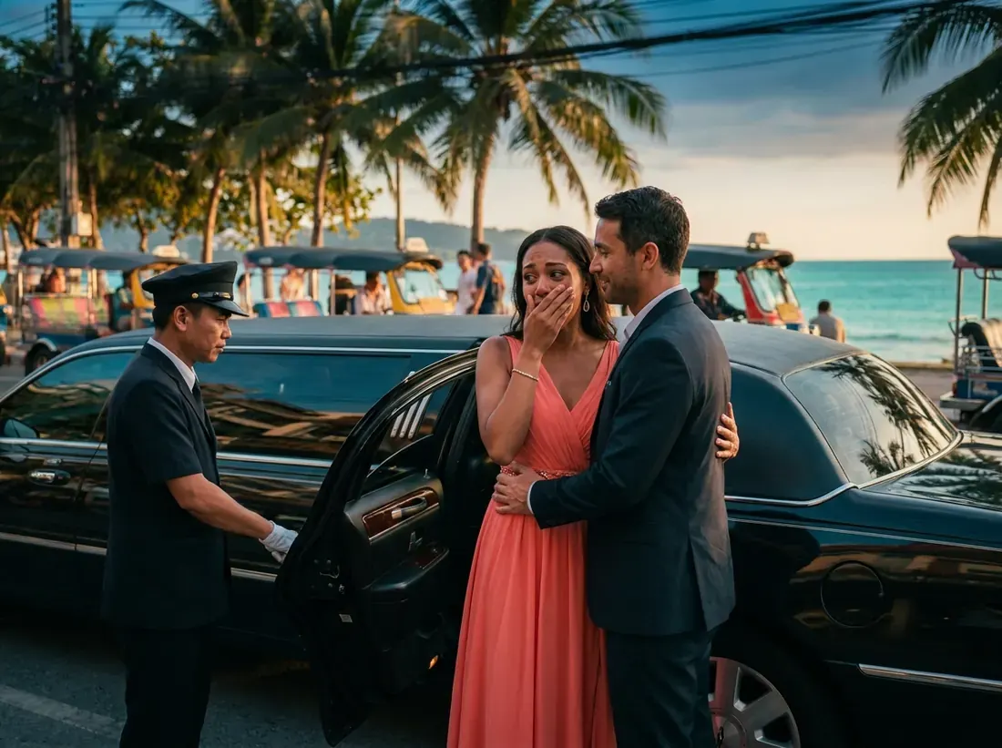 Couple during a luxury limousine chauffeur arrival couple evening phuket in Phuket
