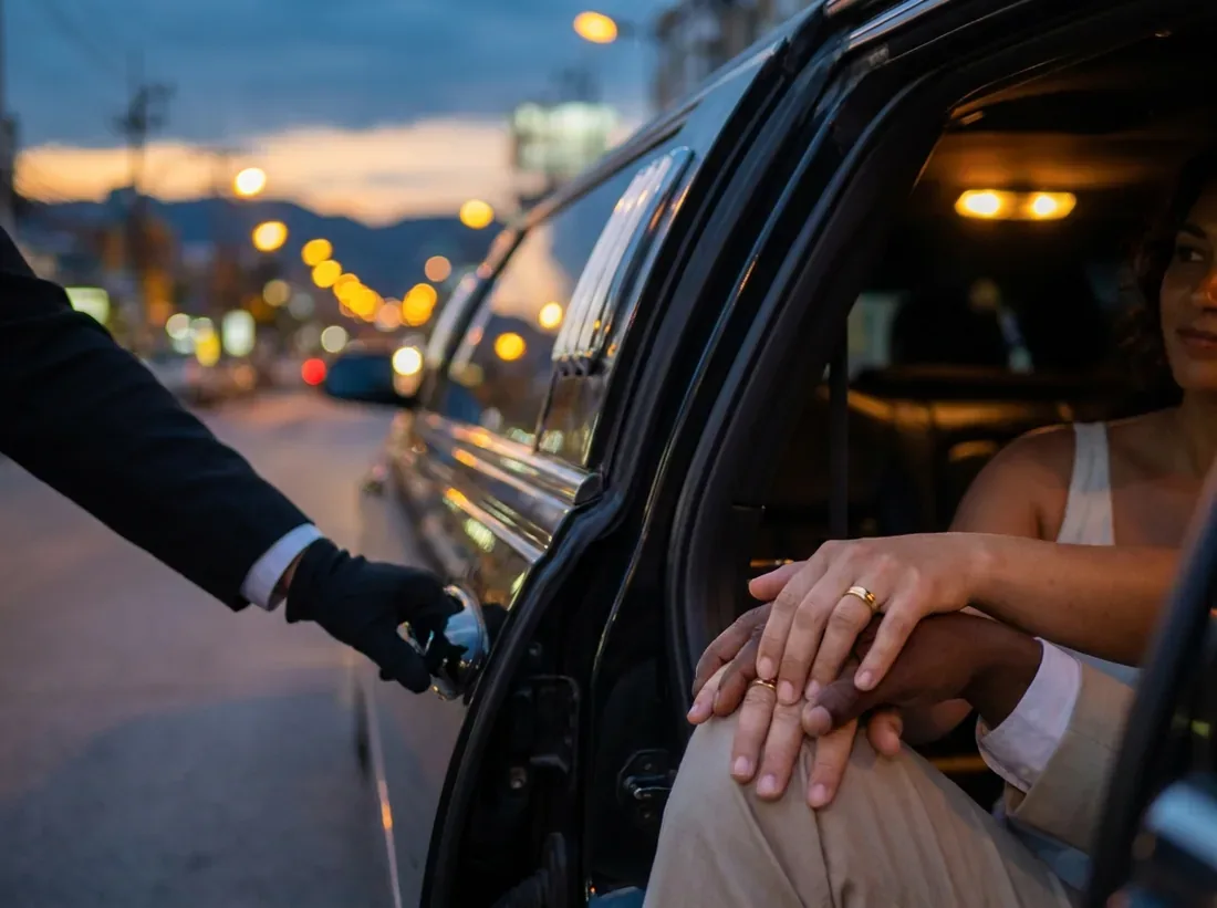 Close-up detail of a luxury limousine chauffeur arrival couple evening phuket in Phuket
