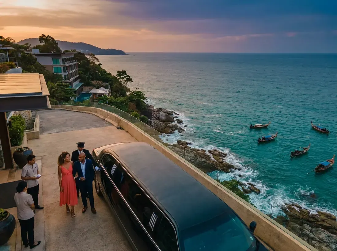 Aerial view of Patong, Phuket, Thailand for a luxury limousine chauffeur arrival couple evening phuket