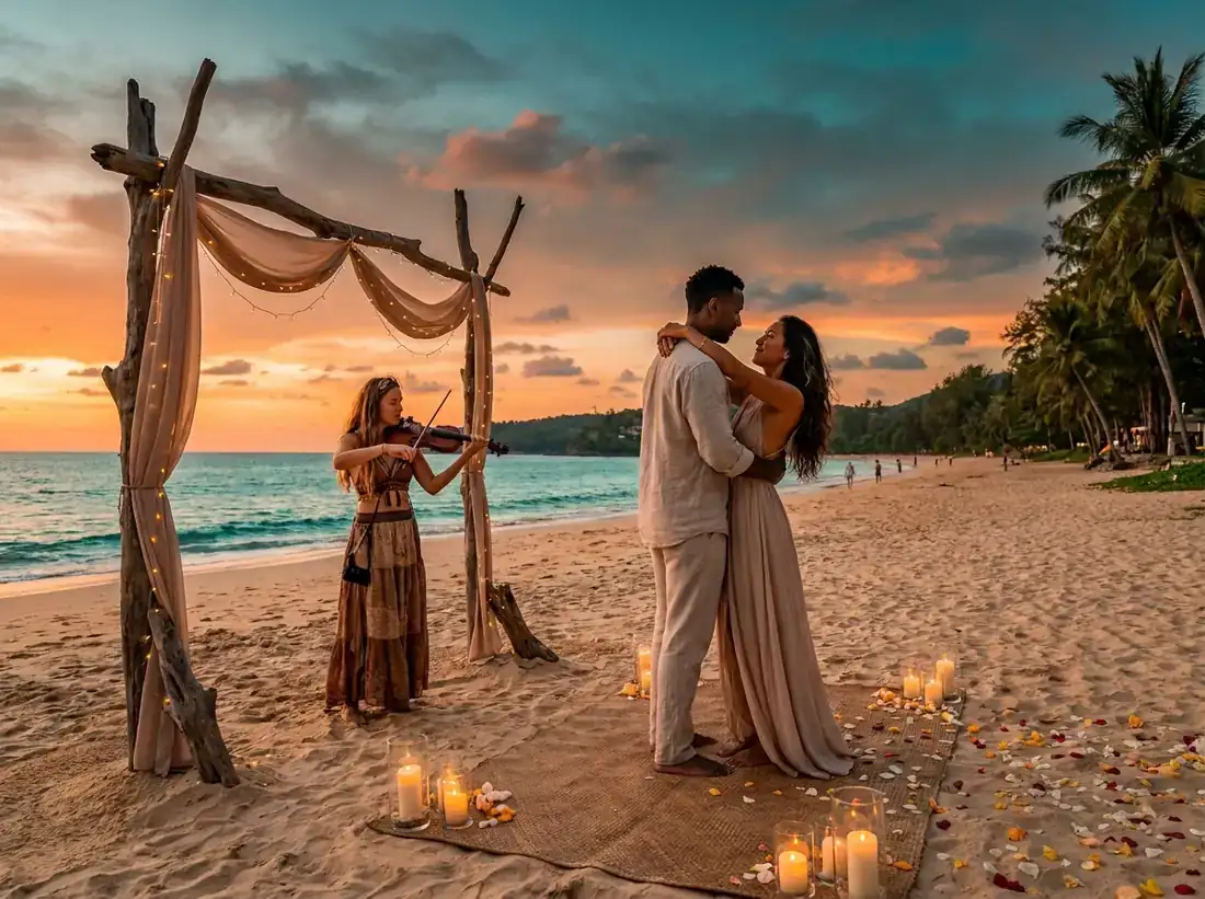 Candle-lit setup for a violinist musician beach sunset proposal couple live music in Phuket