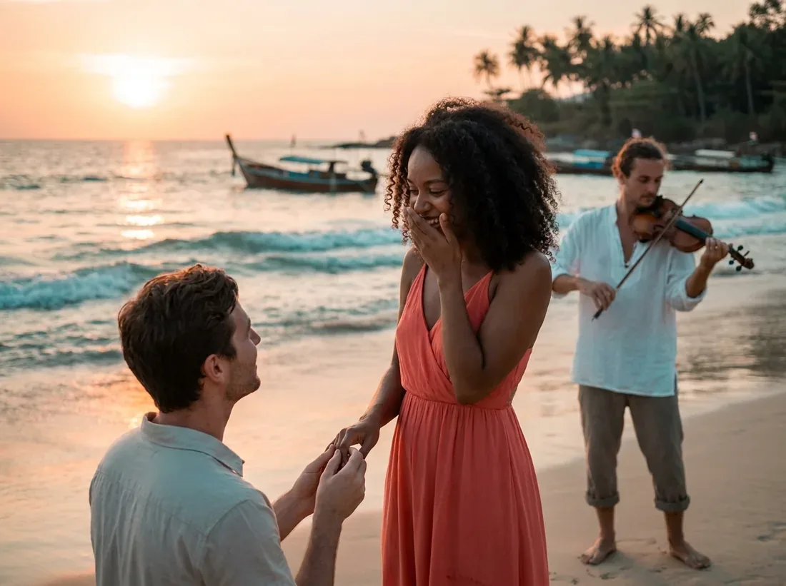 Couple during a violinist musician beach sunset proposal couple live music in Phuket