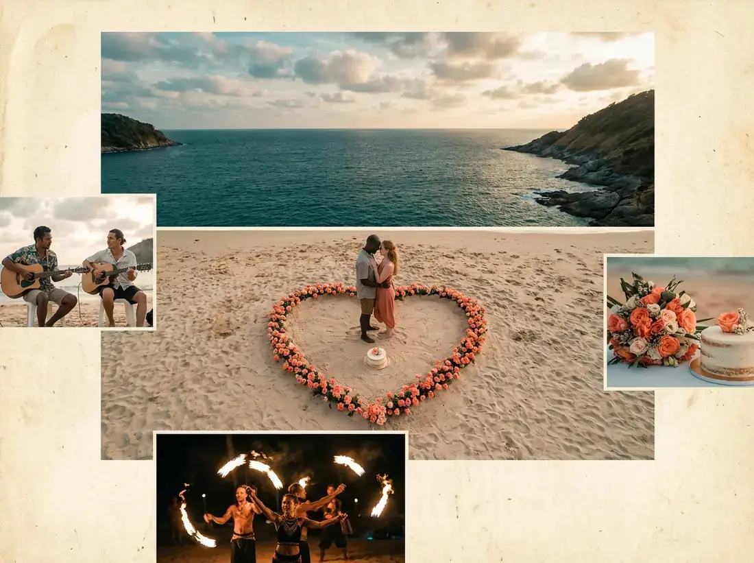 Aerial view of Nai Harn Beach, Phuket, Thailand for a proposal add ons flowers cake musicians fire show collage