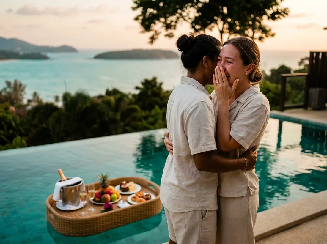 Couple during a engagement celebration champagne couple villa floating breakfast in Phuket
