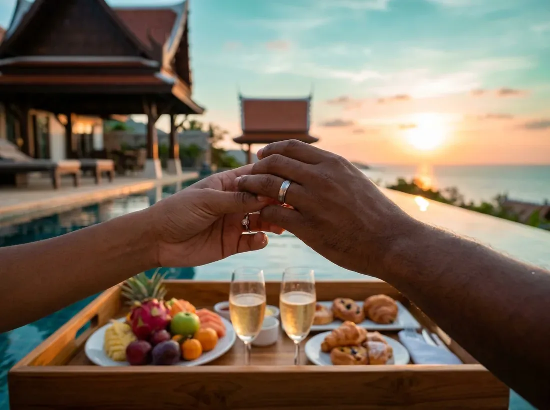 Close-up detail of a engagement celebration champagne couple villa floating breakfast in Phuket
