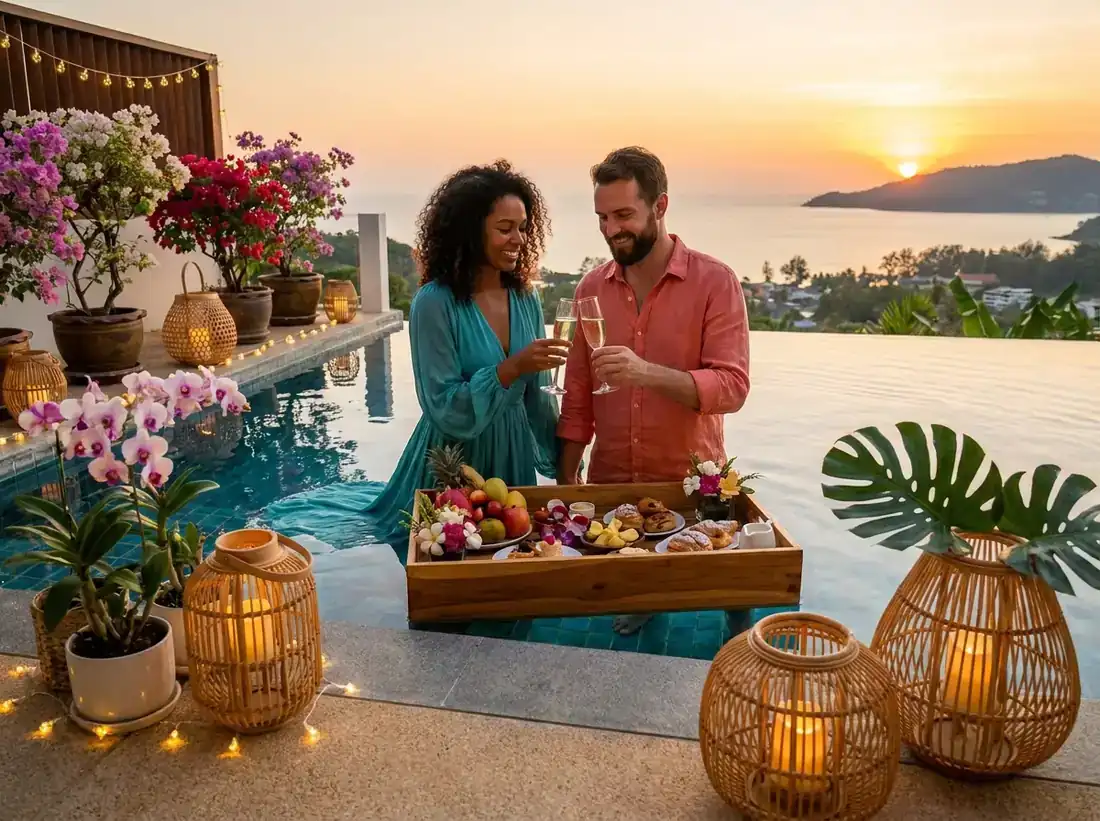 Styled decor for a engagement celebration champagne couple villa floating breakfast in Phuket