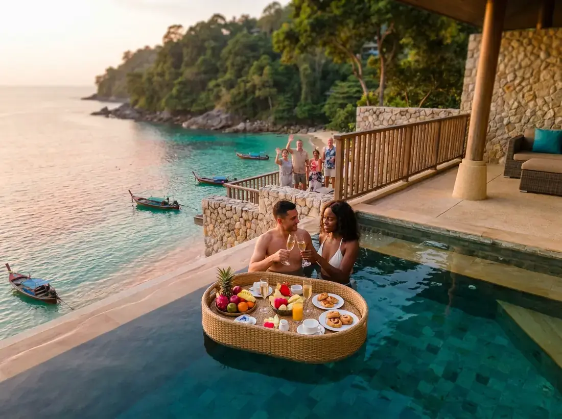Aerial view of Kamala, Phuket, Thailand for a engagement celebration champagne couple villa floating breakfast