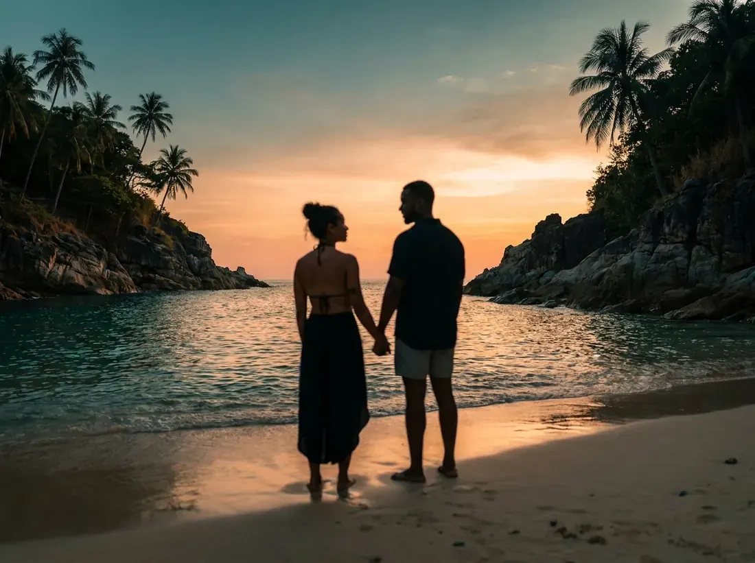 Sunset silhouette of a best beaches couples phuket freedom banana secluded in Phuket