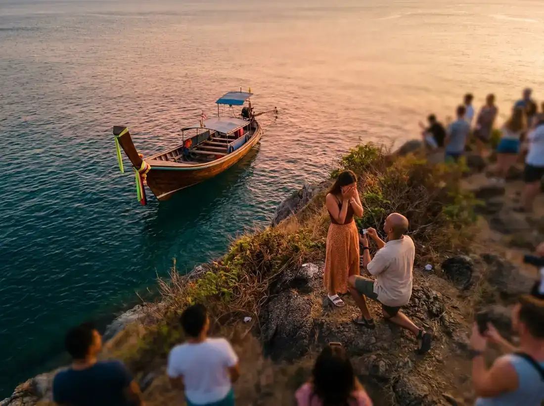 Longtail boat and a best places propose phuket viewpoint aerial sunset in Phuket