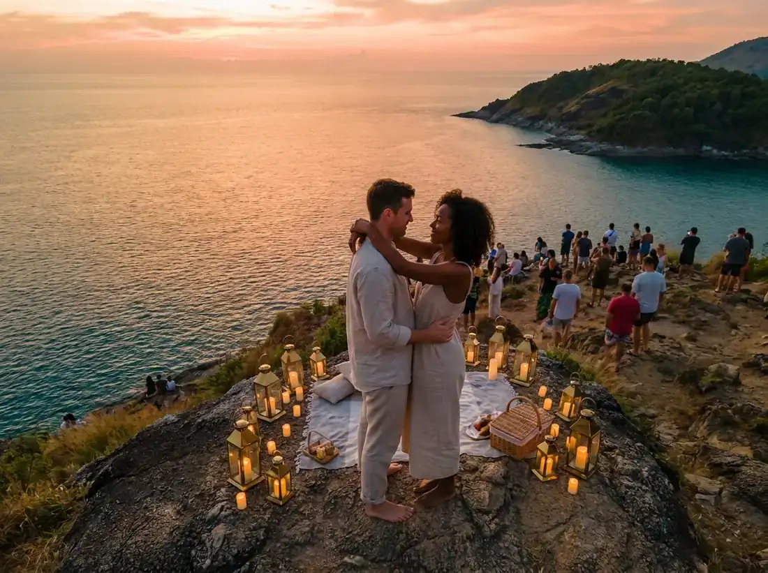 Candle-lit setup for a best places propose phuket viewpoint aerial sunset in Phuket