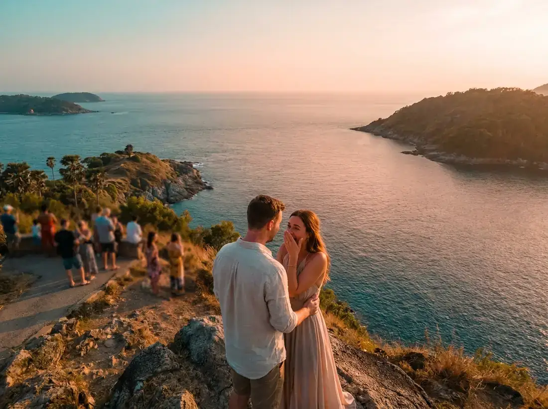 Couple during a best places propose phuket viewpoint aerial sunset in Phuket