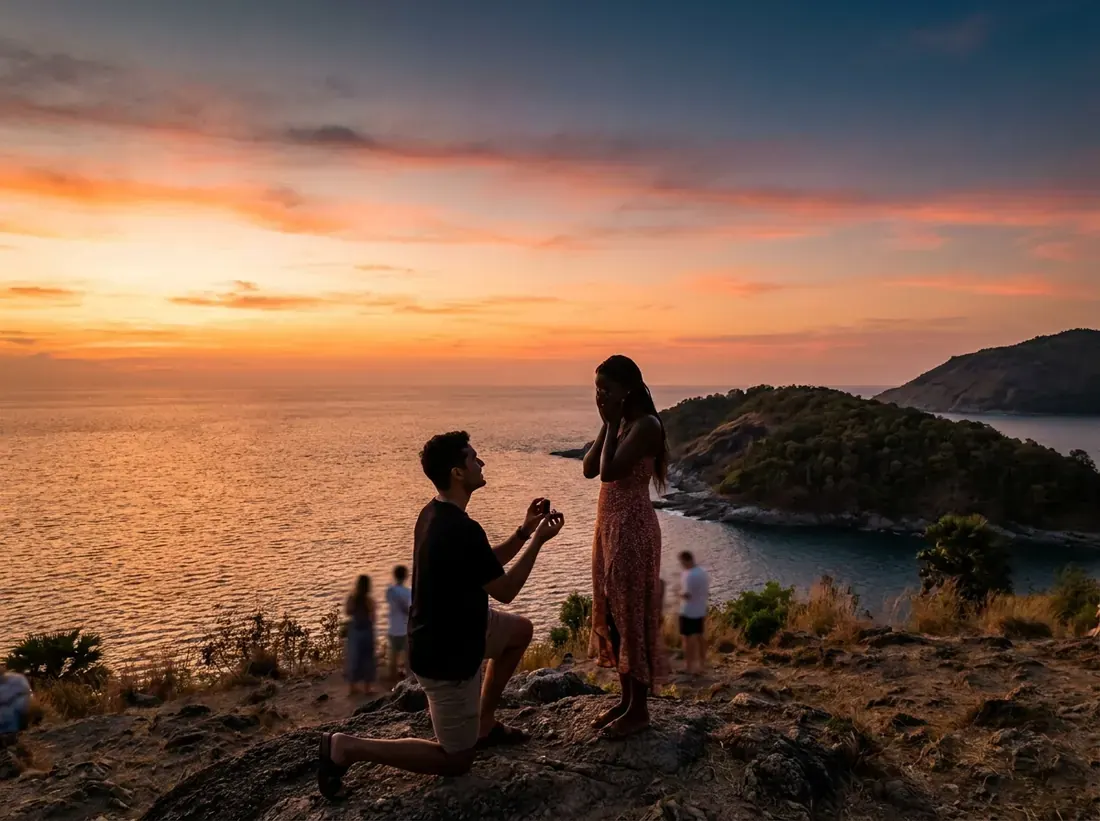 Sunset silhouette of a best places propose phuket viewpoint aerial sunset in Phuket