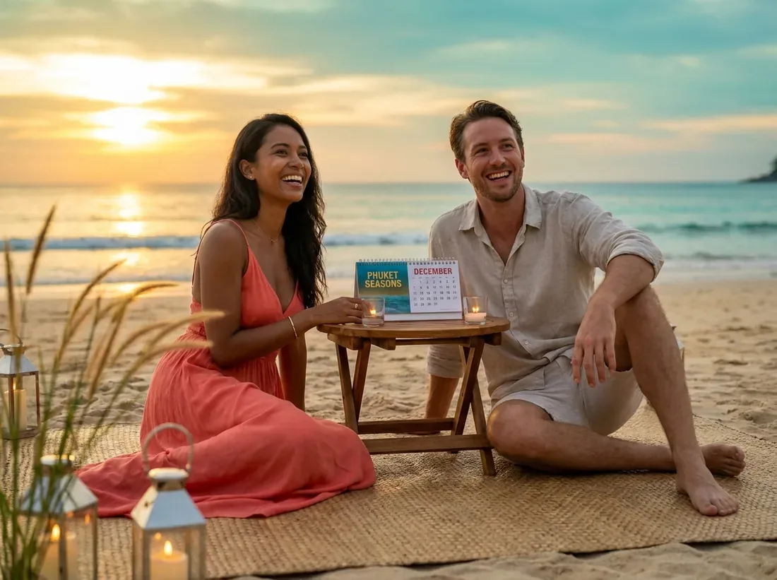 Candle-lit setup for a phuket seasons weather beach sunset couple calendar in Phuket
