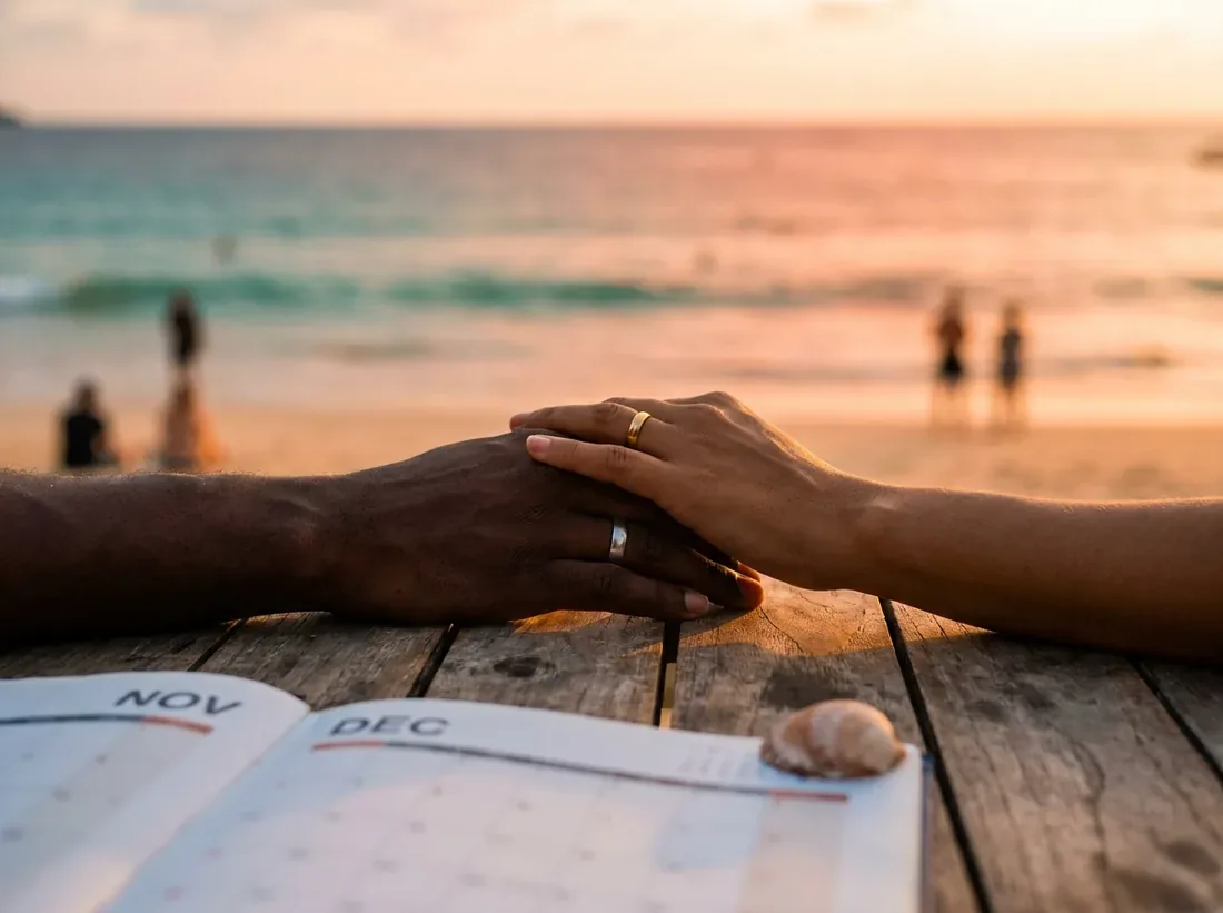 Close-up detail of a phuket seasons weather beach sunset couple calendar in Phuket