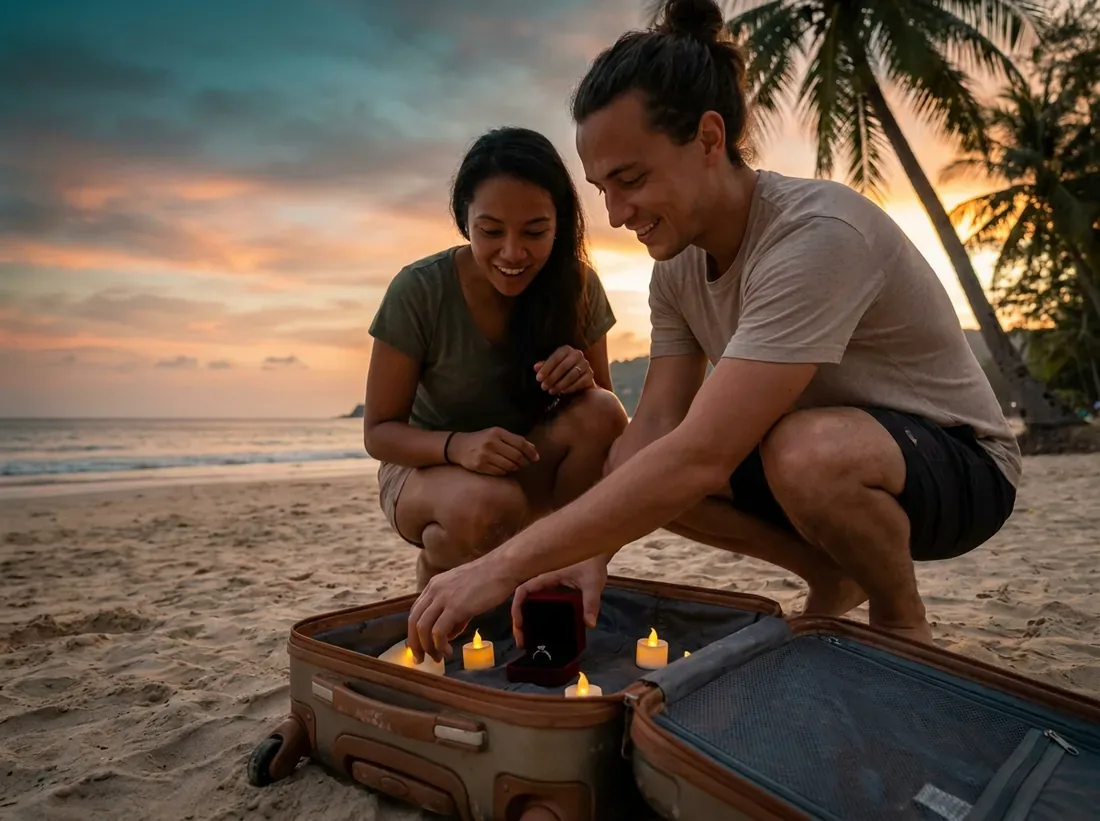 Candle-lit setup for a engagement ring travel carry on airport hand luggage secret in Phuket