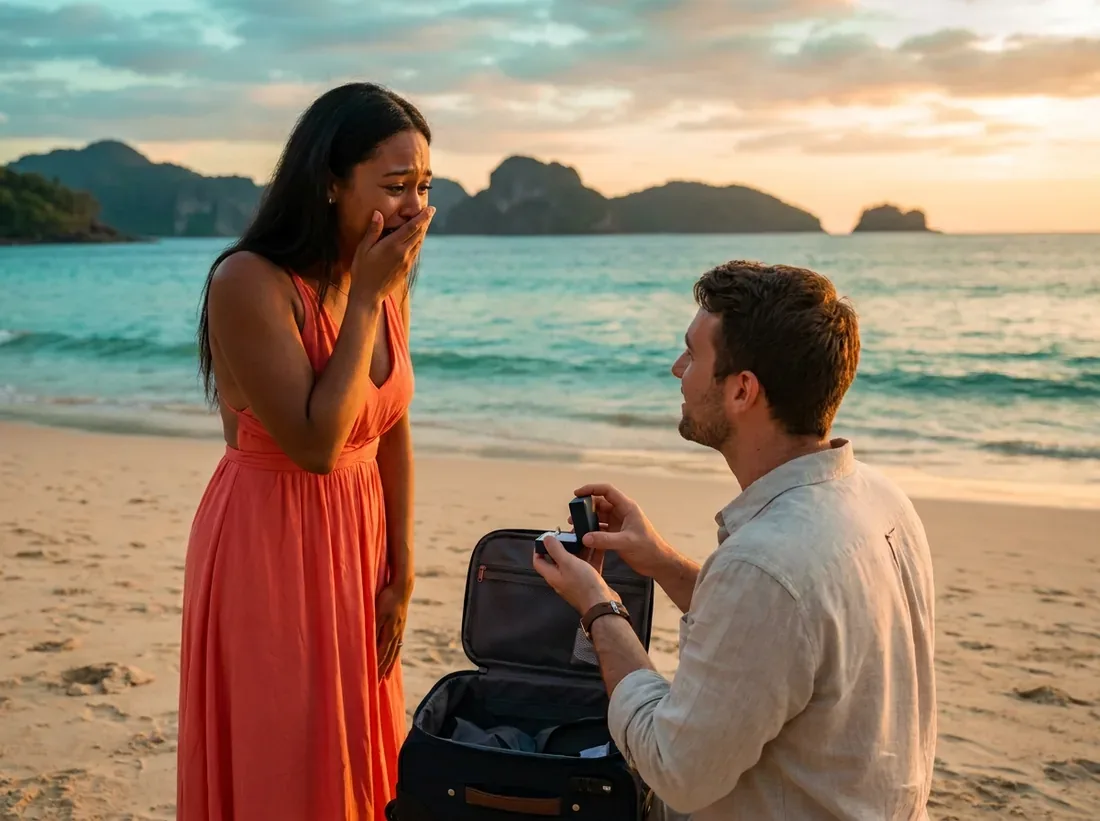 Couple during a engagement ring travel carry on airport hand luggage secret in Phuket