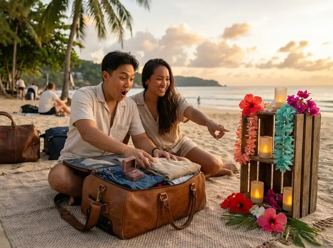 Styled decor for a engagement ring travel carry on airport hand luggage secret in Phuket