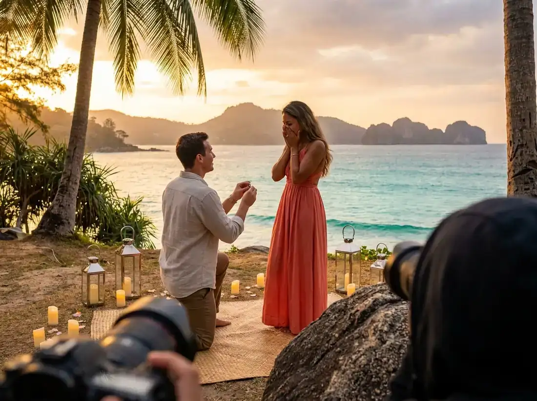 Candle-lit setup for a hidden photographer proposal beach candid reaction couple in Phuket