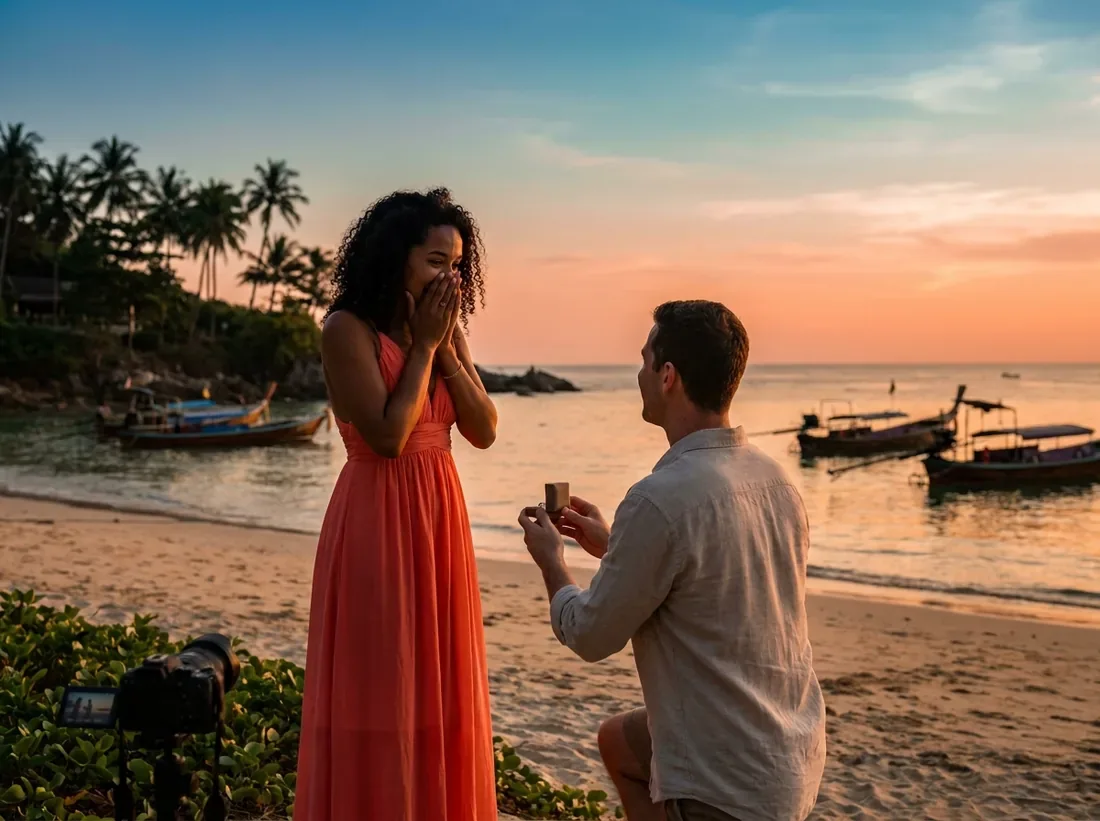 Couple during a hidden photographer proposal beach candid reaction couple in Phuket