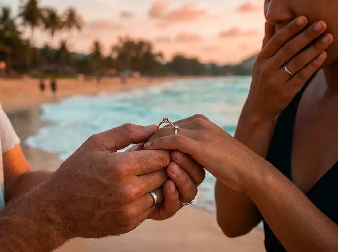 Close-up detail of a hidden photographer proposal beach candid reaction couple in Phuket