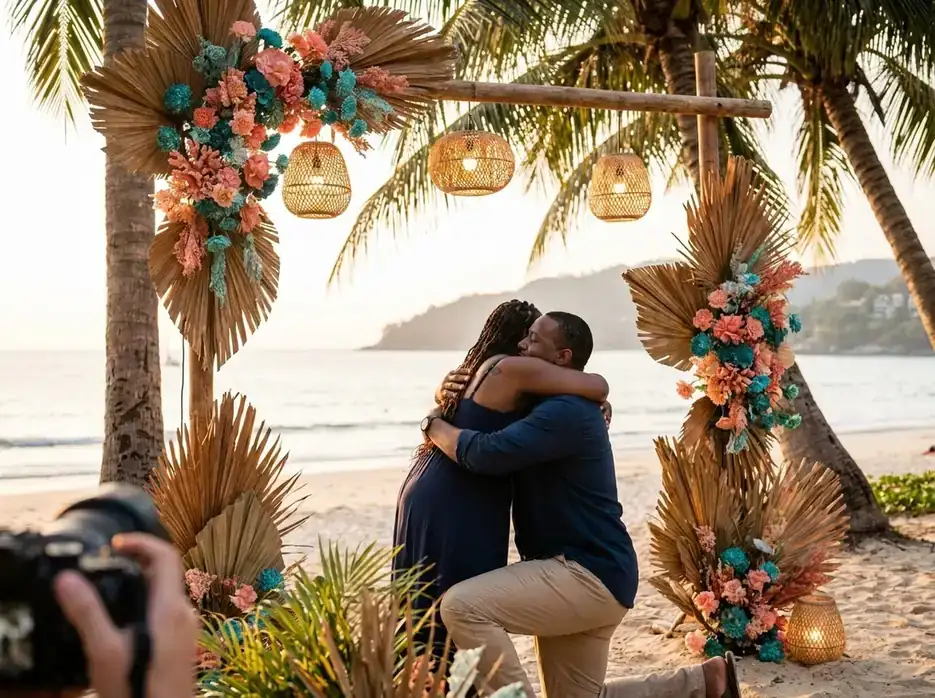 Styled decor for a hidden photographer proposal beach candid reaction couple in Phuket