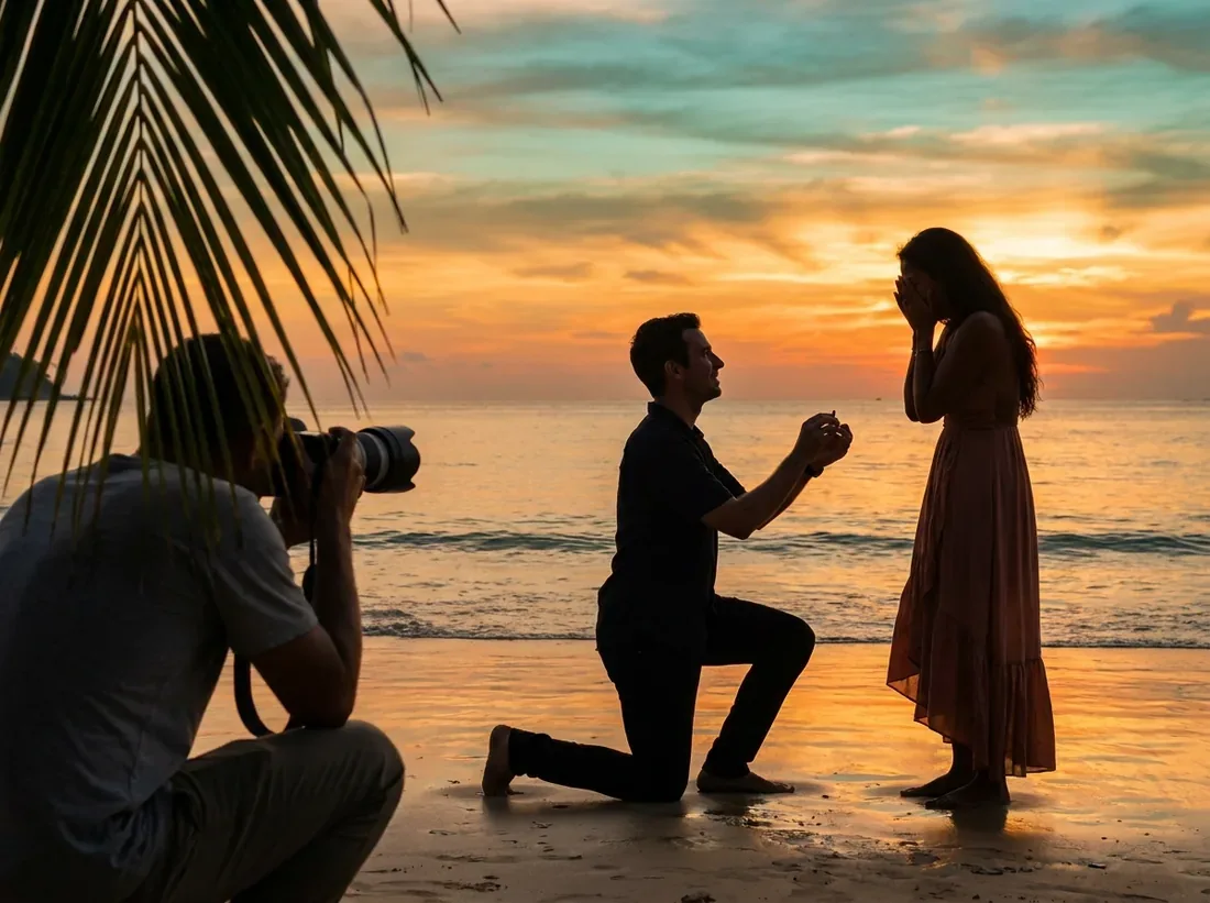 Sunset silhouette of a hidden photographer proposal beach candid reaction couple in Phuket