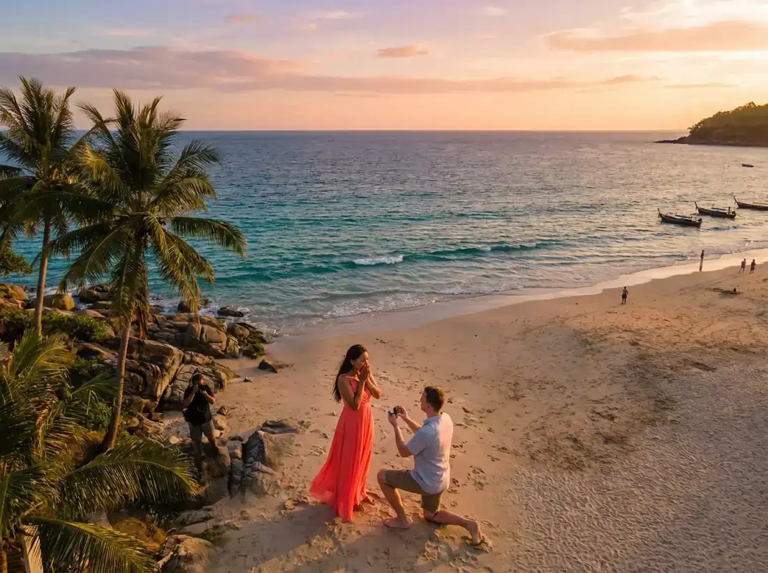 Aerial view of Kata Beach, Phuket, Thailand for a hidden photographer proposal beach candid reaction couple