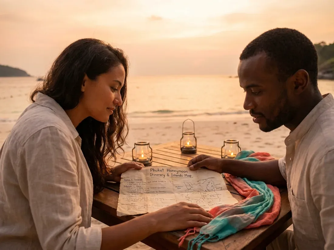 Candle-lit setup for a phuket honeymoon itinerary islands beach couple map in Phuket