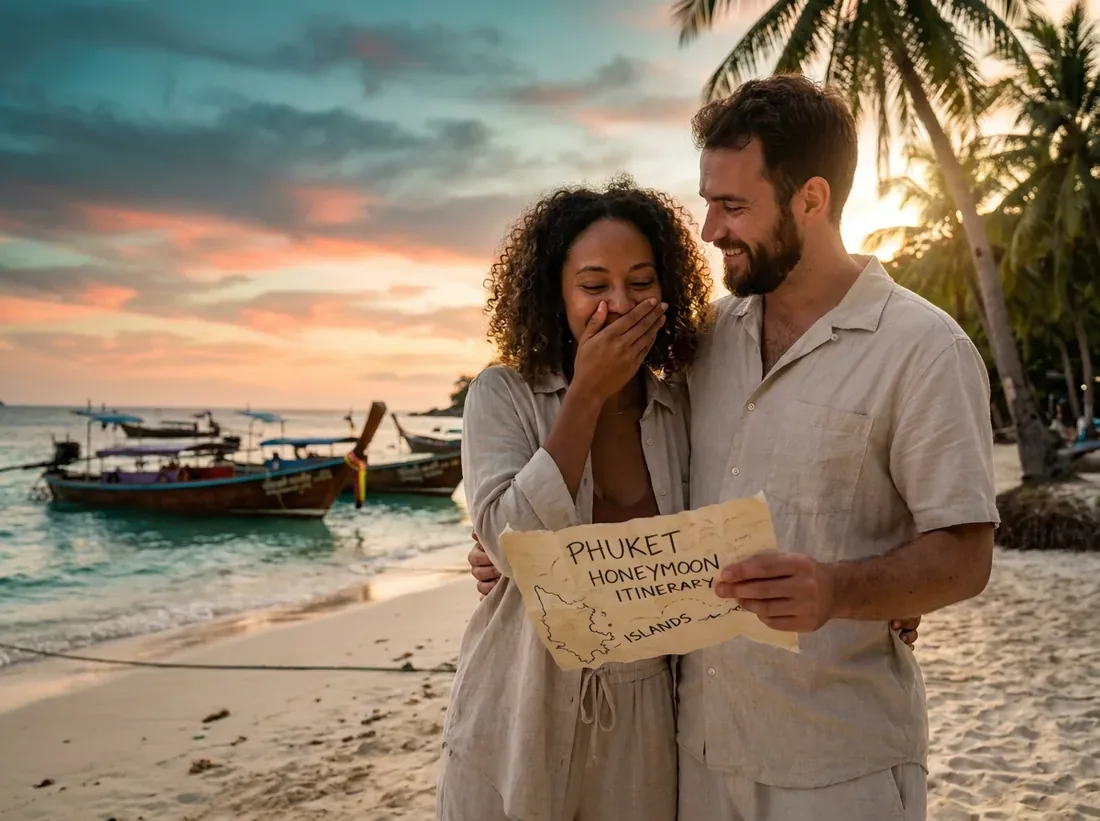 Couple during a phuket honeymoon itinerary islands beach couple map in Phuket