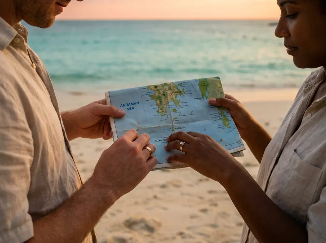 Close-up detail of a phuket honeymoon itinerary islands beach couple map in Phuket