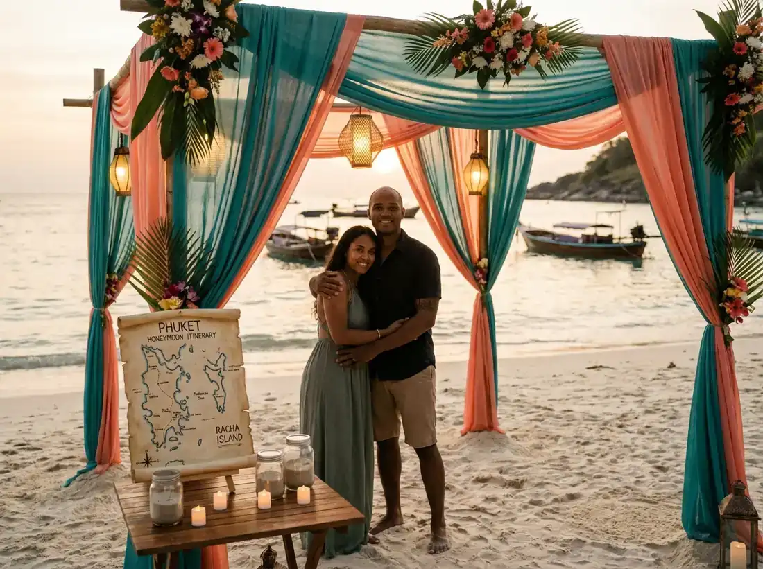 Styled decor for a phuket honeymoon itinerary islands beach couple map in Phuket