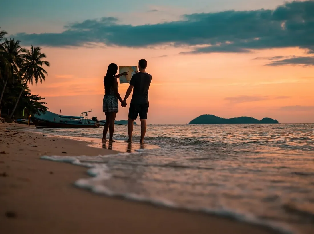 Sunset silhouette of a phuket honeymoon itinerary islands beach couple map in Phuket