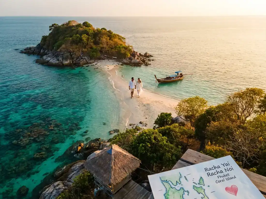 Aerial view of Racha Island, Phuket, Thailand for a phuket honeymoon itinerary islands beach couple map